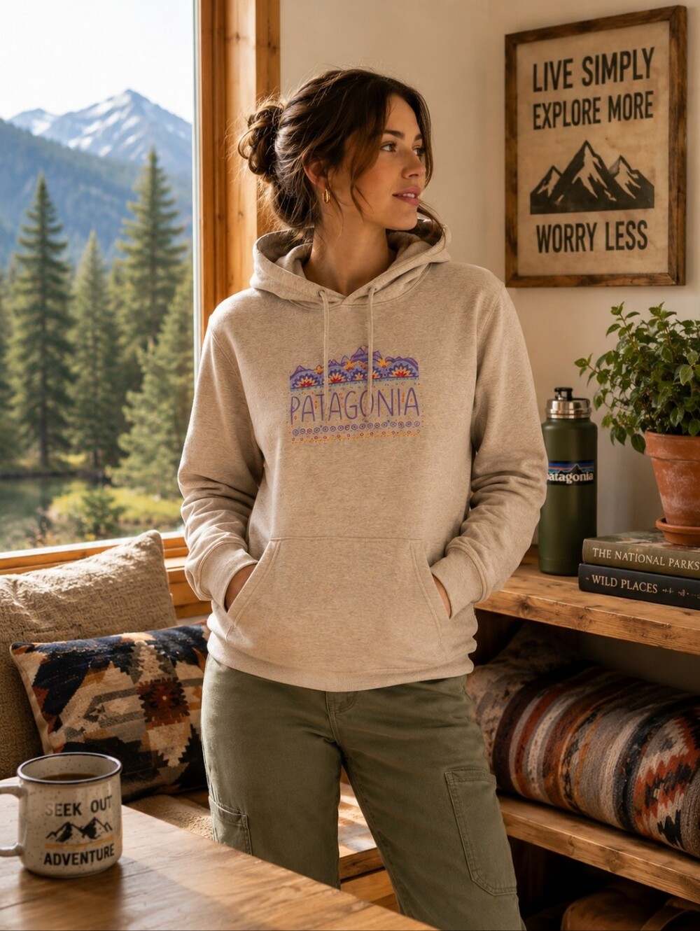 PATAGONIA Women's Hoodie XL Graphic Logo Beige Organic Cotton Pullover 39500